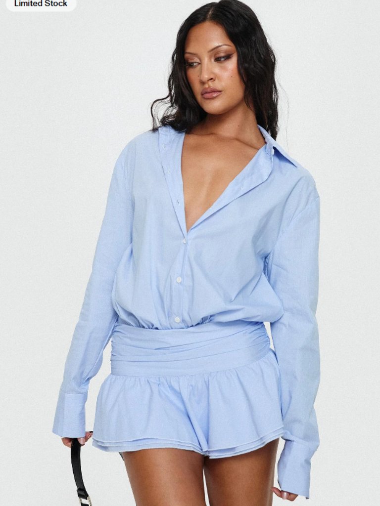 Lioness Girls Button Front Cinched Waistband Mini Shirt Dress In Blue Pinstripe